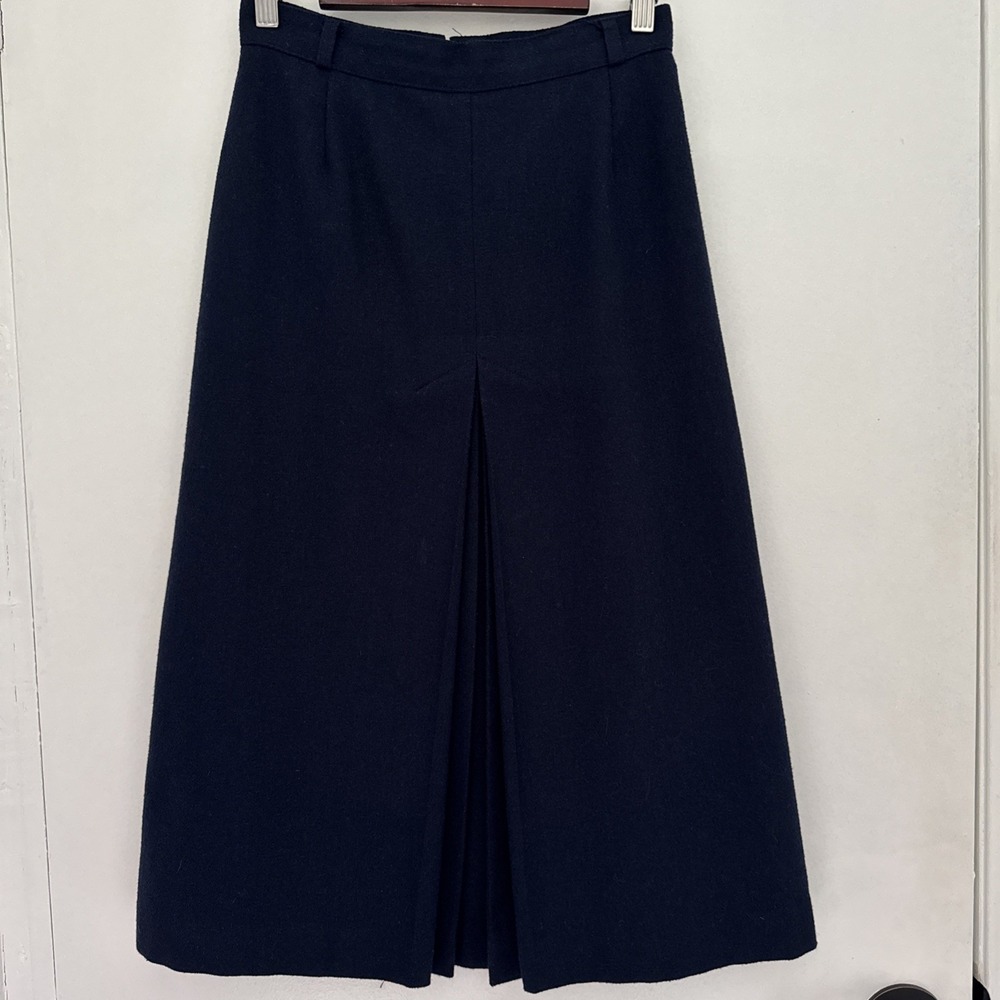 Vintage Pan-her Navy Wool A-Line Skirt High Waisted Inverted Pleats 70s 80s USA